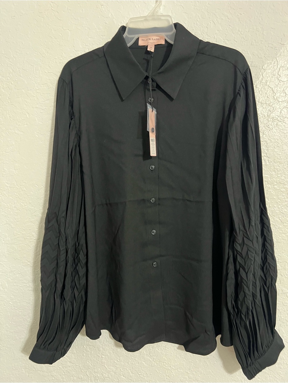 NWT Chico’s Black Label Womens Size 16 Black Ruched Elegant Blouse Button #696